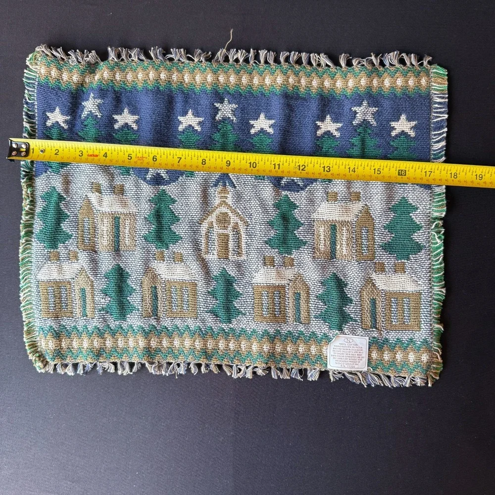 Vtg Set 4 Christmas Cabin Village Placemats Handwoven Cotton Rustic Lodge Decor‎